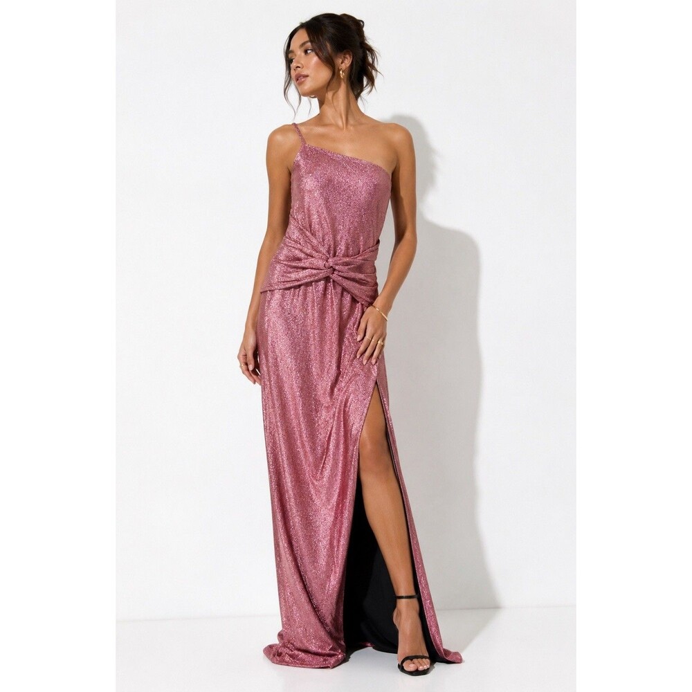 Lulus Shiny Pink Metallic One Shoulder Ruched Twist Maxi Dress Slit XL NWT